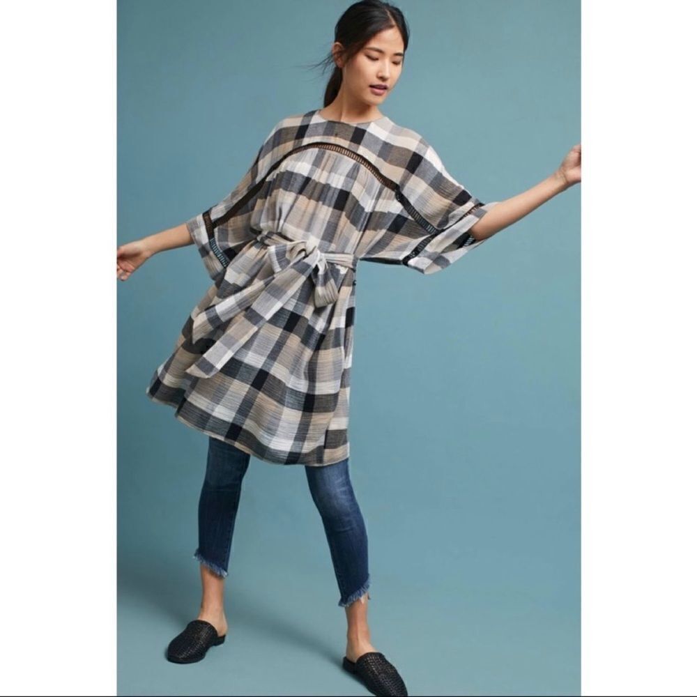 Maeve Anthropologie Oversized Plaid Kimono Tunic Dress Tie WaistTan Black Small